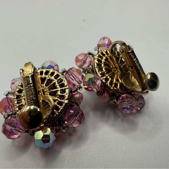VTG Vendome Pink Beaded Cluster Clip Earrings Pat 280950 AB  Gold Tone 1950s - Picture 3 of 15
